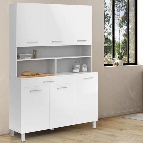 Buffet De Cuisine 120 Cm Cina 6 Portes + Tiroir Blanc Et Blanc Brillant