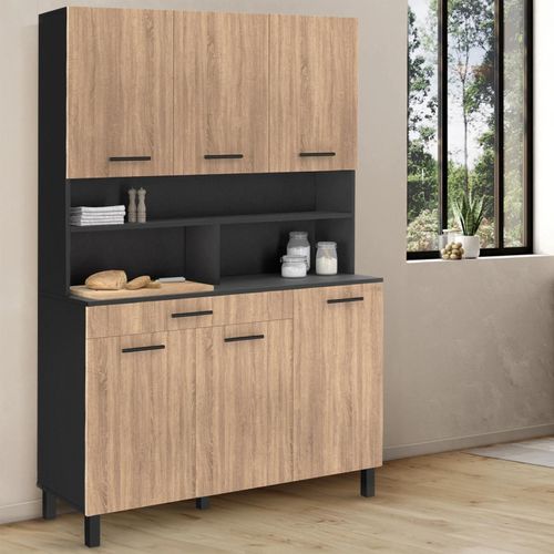 Buffet De Cuisine 120 Cm Cina 6 Portes + Tiroir Noir Et Façon Hêtre