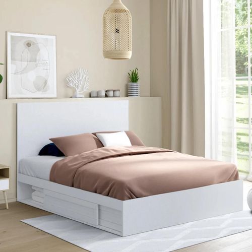 Idmarket Lit Double Melsa Avec Rangements Tête De Lit Et Sommier 140 X 190 Cm Blanc