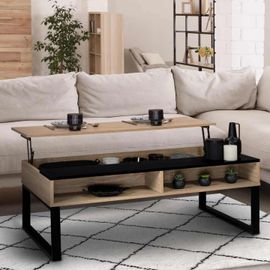 Table Basse Plateau Relevable Rectangulaire Jersey Bande Noire Avec Rangements Design Industriel