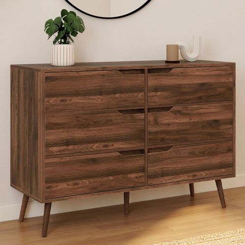 Commode 6 Tiroirs Helsinki 115 Cm Scandinave Effet Noyer