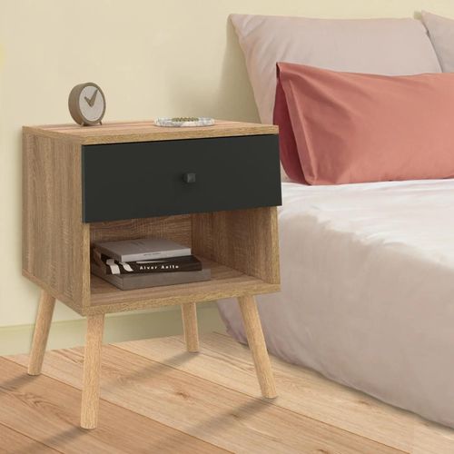 Lot De 2 Tables De Chevet Emmie Scandinaves 1 Tiroir Avec Niche Hêtre Et Noir