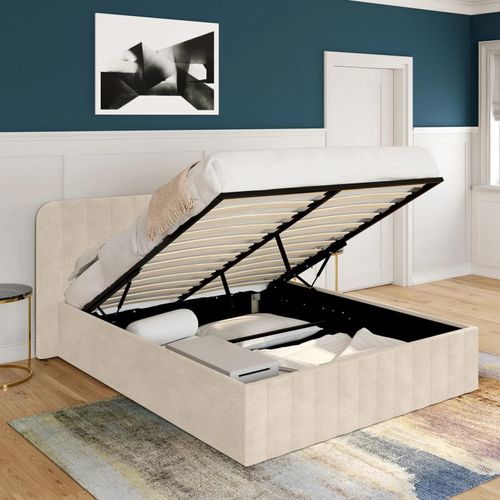 Lit Coffre Double Alba Avec Tête De Lit 140 X 190 Cm Velours Beige
