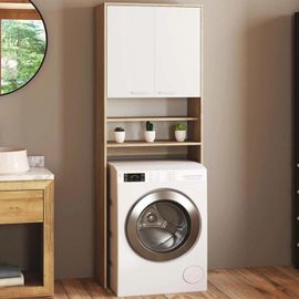 Meuble Étagères De Rangement Dessus Machine À Laver Et Wc Wallis Blanc Et Hêtre