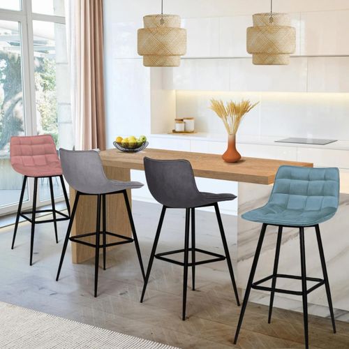 Idmarket Lot De 4 Tabourets De Bar Mady En Velours Mix Color Pastel Bleu, Gris Clair, Gris Foncé, Rose