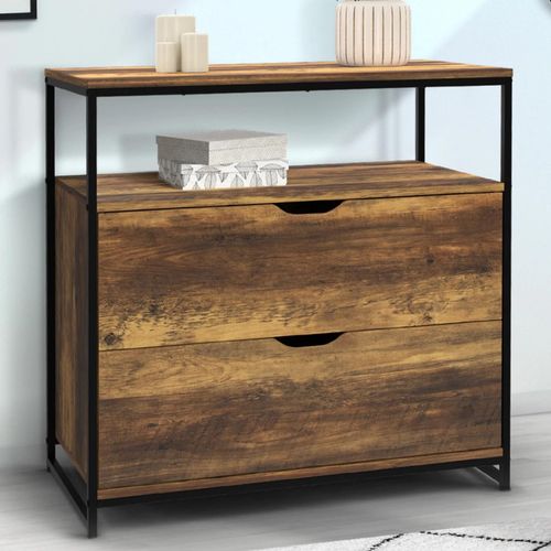 Commode 2 Tiroirs Hawkins 80 Cm Bois Foncé Design Industriel Avec Étagère