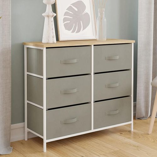 Idmarket Commode 6 Tiroirs En Tissu Alta 80 Cm Gris Clair Et Plateau Effet Bois Design Industriel