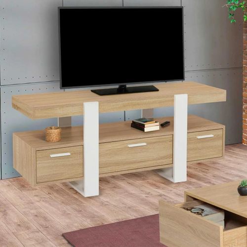Meuble Tv Phoenix Avec Tiroirs Bois Et Blanc