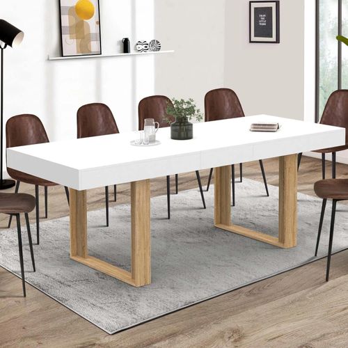 Table À Manger Extensible Rectangle Phoenix 6-10 Personnes Blanc Pieds Bois 160-200 Cm