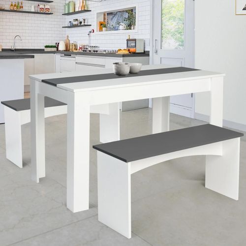 Ensemble Table À Manger 110 Cm Et 2 Bancs Rozy 4 Personnes Blanc Et Gris