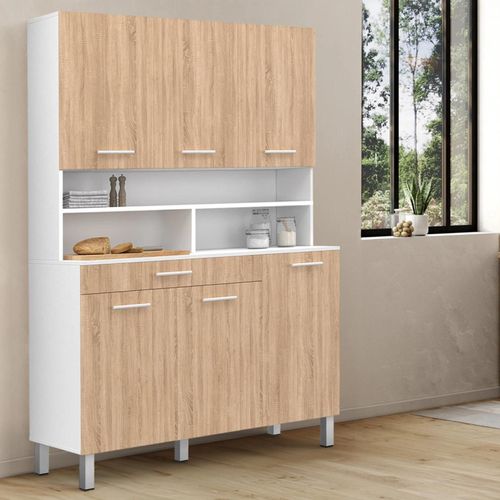 Buffet De Cuisine 120 Cm Cina 6 Portes + Tiroir Blanc Et Façon Hêtre