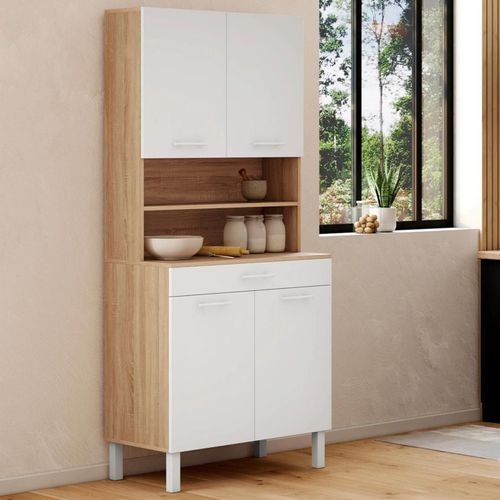 Buffet De Cuisine 80 Cm Cina 4 Portes + Tiroir Façon Hêtre Et Blanc