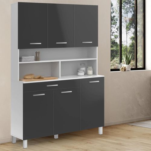 Buffet De Cuisine 120 Cm Cina Meuble 6 Portes Gris Brillant Et Structure Blanche + Tiroir