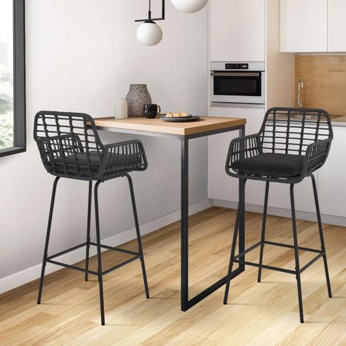 Lot De 2 Tabourets De Bar Summer Avec Accoudoirs Effet Rotin Noir Pied Métal Noir