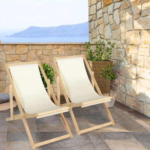 Lot De 2 Chaises Longues Pliantes Chilienne Bois Toile Écrue