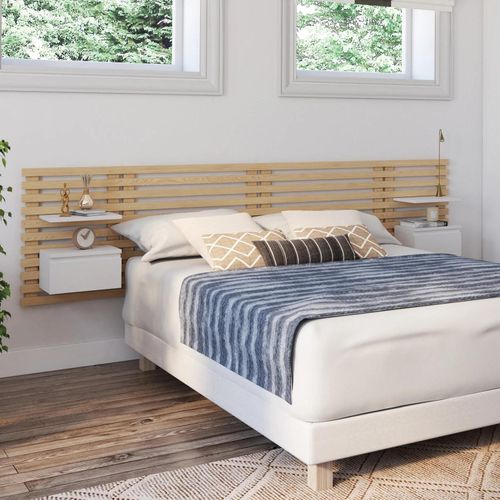 Idmarket Tête De Lit En Lattes Ava Avec Chevets Suspendus + Tiroir 240 Cm Façon Bois Clair Et Blanc