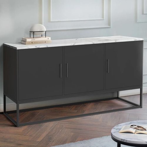 Buffet Bas 113 Cm 3 Portes Noires Plateau Effet Marbre Blanc