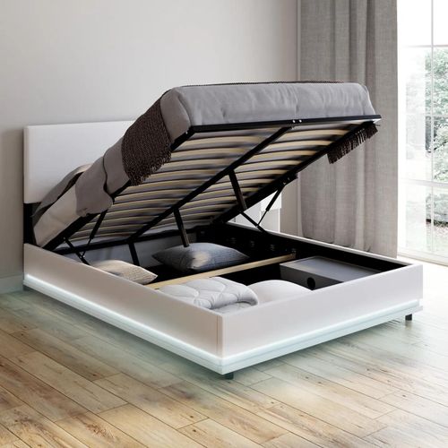 Lit Coffre 2 Places 140x190 En Pvc Blanc Avec Sommier Et Led