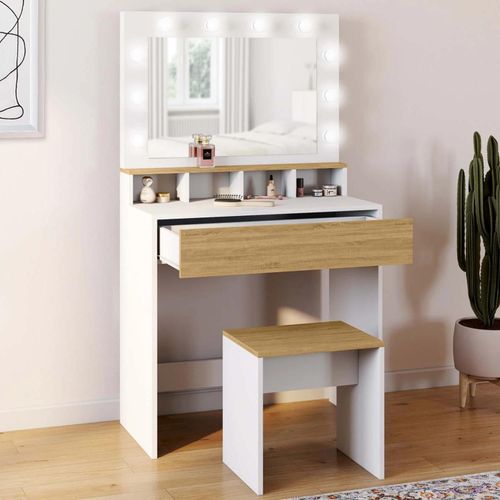 Coiffeuse Zelia Blanc Et Hêtre Miroir Led Avec 4 Niches, 1 Tiroir Et Tabouret