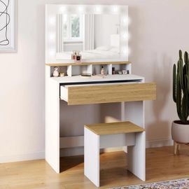 Coiffeuse Zelia Blanc Et Hêtre Miroir Led Avec 4 Niches, 1 Tiroir Et Tabouret