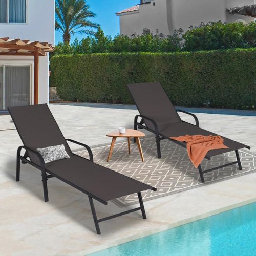 Lot De 2 Transats De Jardin Inclinables Fidji En Acier Noire Et Toile Gris Anthracite