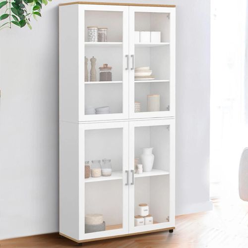 Idmarket Vitrine Buffet Haut H. 176 Cm Vito 4 Portes Vitrées Blanc Et Bois