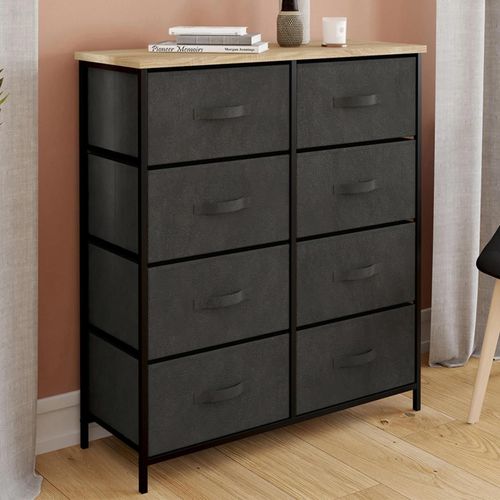 Commode 8 Tiroirs En Tissu Alta 80 Cm Gris Anthracite Et Plateau Effet Bois Design Industriel