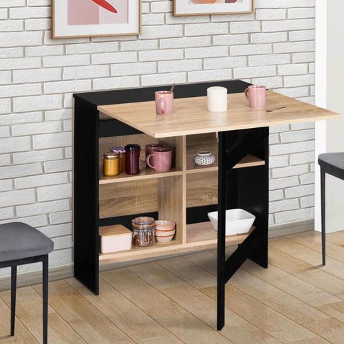Table Console Pliable Edi 2-6 Personnes Avec Double Rangement Central Bois Noir Plateau Façon Hêtre