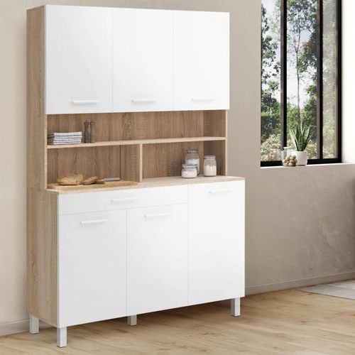 Buffet De Cuisine 120 Cm Cina 6 Portes + Tiroir Façon Hêtre Et Blanc