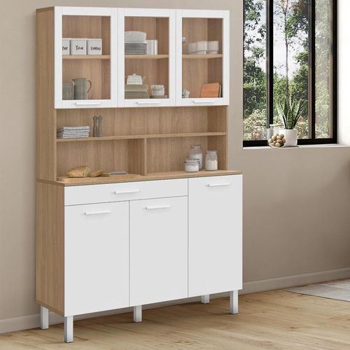 Buffet De Cuisine Vitré 120 Cm Cina 6 Portes + Tiroir Façon Hêtre Et Blanc