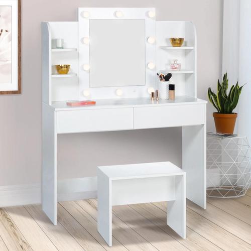 Coiffeuse Zelia Blanche Table De Maquillage 4 Étagères, Miroir Led Et Tabouret