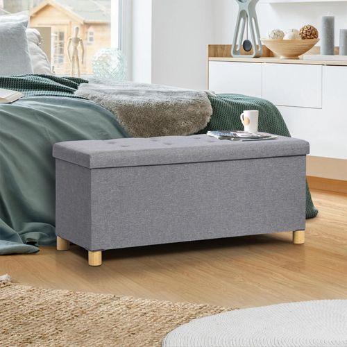 Banc Coffre Rangement Sur Pied 100 Cm En Tissu Gris Clair