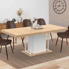 Table À Manger Extensible Rectangle Ugo 6-10 Personnes Bois Façon Hêtre Et Blanc 160-200 Cm