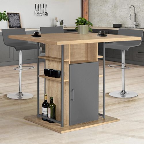 Ilot Central Ugo 110 Cm Bois Gris Et Imitation Hêtre Avec Rangements Design Industriel