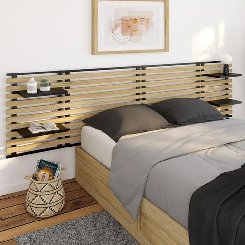 Tête De Lit Suspendue En Lattes Detroit 240 Cm Bois Et Métal Noir Avec Étagères Design Industriel