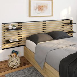 Tête De Lit Suspendue En Lattes Detroit 240 Cm Bois Et Métal Noir Avec Étagères Design Industriel