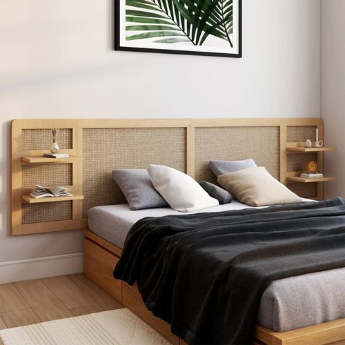 Idmarket Tête De Lit Suspendue Edhen 240 Cm Cannage Et Bois Avec Étagères