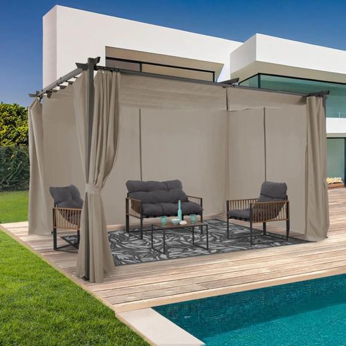 Pergola Toit Rétractable Avec Rideaux Coloris Taupe