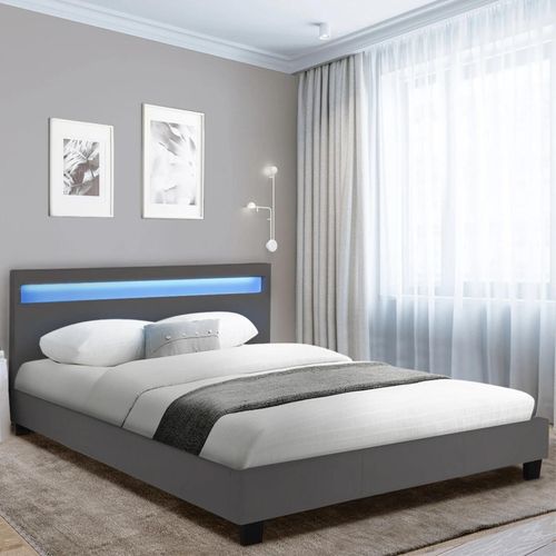 Lit Double Neo 140 X 190 Cm Pvc Gris Avec Sommier Et Led Intégrées