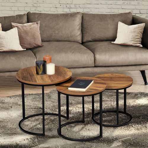 Lot De 3 Tables Basses Gigognes Hawkins Rondes 30/40/45 Effet Vieilli Design Industriel