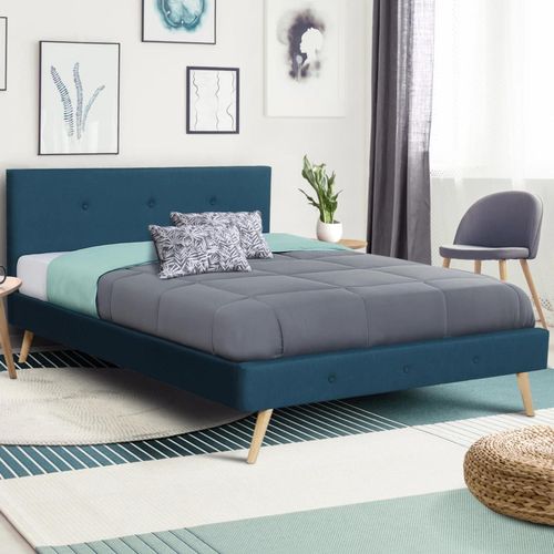 Lit Double Scandinave Oslo 140 X 190 Cm Tissu Bleu Canard