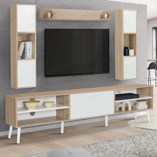 Ensemble Meuble Tv Et Étagères Houston Bois Et Blanc 180 Cm