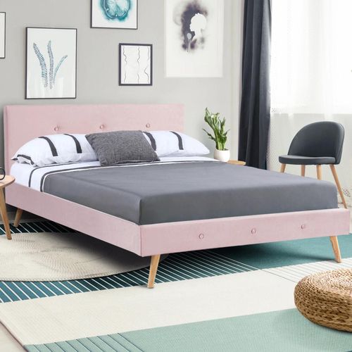 Lit Double Scandinave Oslo 140 X 190 Cm Tissu Rose Clair Effet Velours