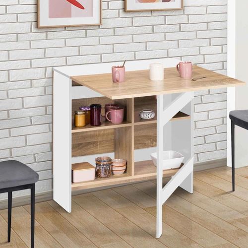 Table Console Pliable Edi 2-6 Personnes Avec Double Rangement Central Bois Blanc Plateau Façon Hêtre