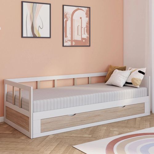 Lit Banquette 90 X 190 Cm Zoya Convertible 180 X 190 Cm Blanc Et Hêtre Avec 1 Tiroir De Rangement