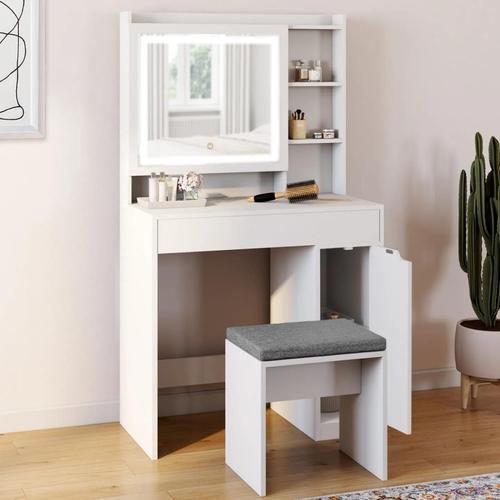 Coiffeuse Zelia Blanche Miroir Led Avec Rangement, 1 Tiroir, 1 Caisson De Rangement Et Tabouret Rembourré