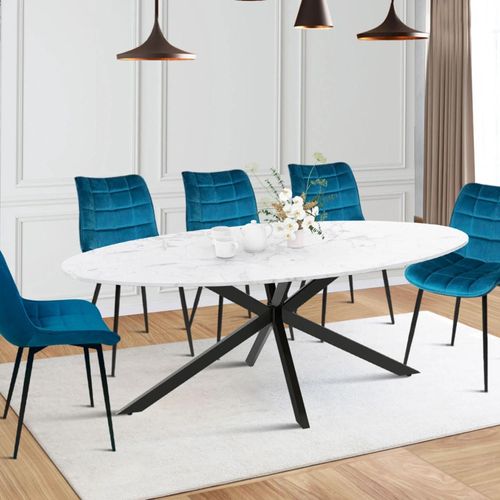 Table À Manger Ovale Alix 10 Personnes Pied Araignée Métal Noir Et Plateau Effet Marbre Blanc Alaska 200 Cm