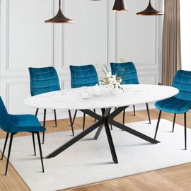 Table À Manger Ovale Alix 10 Personnes Pied Araignée Métal Noir Et Plateau Effet Marbre Blanc Alaska 200 Cm