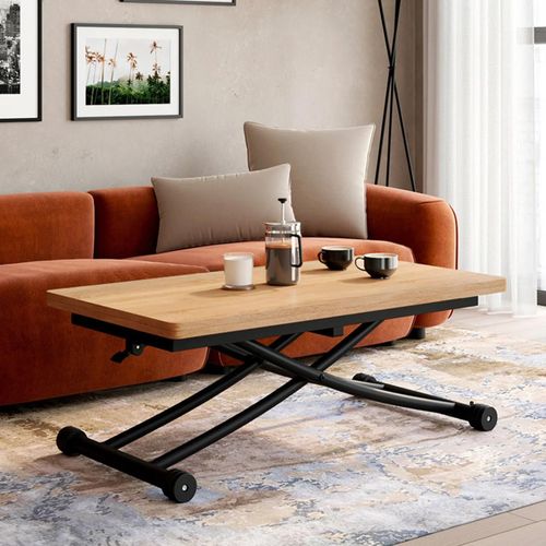 Table Basse 2-En-1 Relevable En Table À Manger 6-8 Personnes Plateau Portefeuille Urbana Bois Et Noir Design Industriel