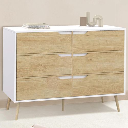 Commode 6 Tiroirs Helsinki 115 Cm Scandinave Blanc Et Effet Hêtre